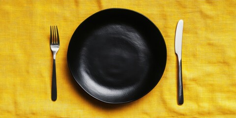 An Elegant Dining Setup Featuring a Stylish Black Plate Placed on a Bright Yellow Tablecloth