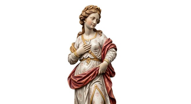 Statue of woman with red shawl antique religious sculpture