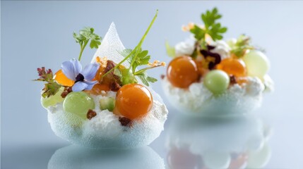 Delightful dessert showcases vibrant spheres of fruit and herbs on a delicate base, served at a contemporary culinary showcase in a bright, elegant setting.
