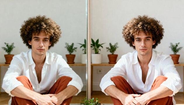 Portrait of a young man with curly hair looking at the camera with his reflection in a mirror. Concept of self-reflection, identity and duality