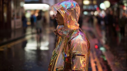 A person stands on a wet street in an urban area at night. They are wearing a shiny reflective jacket, surrounded by colorful lights and blurred figures of passersby in the background.