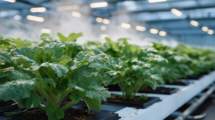 A greenhouse powered by geothermal energy, warm mist rising from pipes as tropical crops grow in an otherwise cold climate — climate-resilient agriculture, renewable-energy farming, and year-round