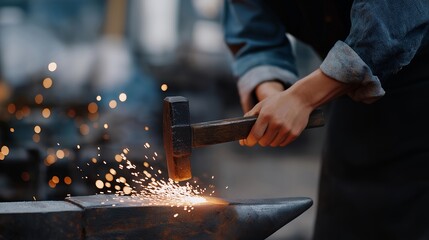 A metalworker forging glowing steel on an anvil, sparks exploding into the dark workshop as their hammer strikes with rhythmic power — traditional blacksmith craft, molten metal artistry, and