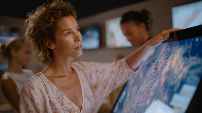 A wellness coach displaying a colorful lymphatic system diagram on a digital board during a group workshop, teaching natural ways to reduce puffiness and improve circulation — holistic education,
