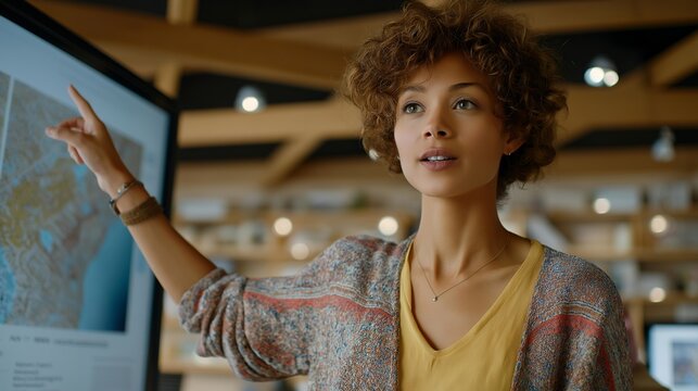 A wellness coach displaying a colorful lymphatic system diagram on a digital board during a group workshop, teaching natural ways to reduce puffiness and improve circulation — holistic education,