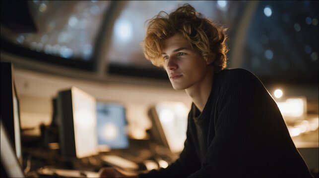 An astronomer calibrating an ultra-sensitive telescope sensor inside a dark observatory, faint cosmic light patterns glowing on a curved display — deep-space imaging, astrophysics precision, and - Powered by Adobe