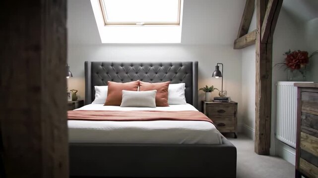 Bedroom interior with a grey bed, orange pillows, wooden beams, and a skylight providing natural light