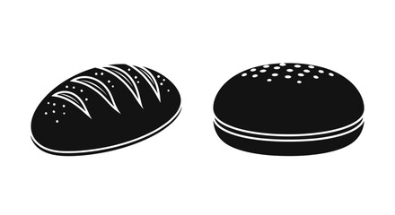 Black and white illustration of a loaf of bread and a hamburger