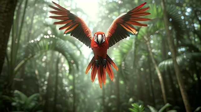 A vibrant red parrot spreads its wings in a lush green jungle scene