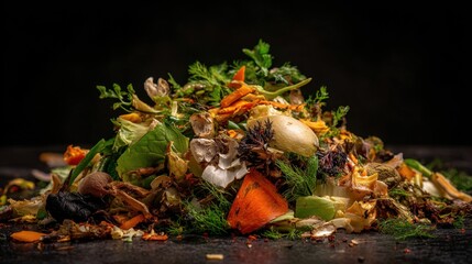 Colorful vegetable scraps are creatively piled on a dark surface, highlighting the importance of food waste management and sustainable cooking practices in modern kitchens.