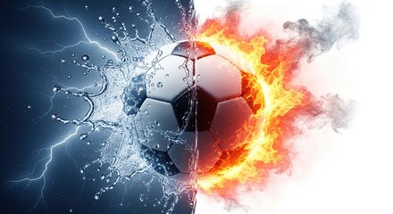 Dynamic soccer ball split with fiery flames and icy water splash