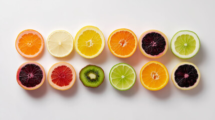 Sliced fruits arranged symmetrically on a bright white background.
