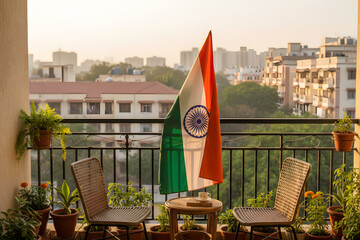 Obraz premium indian flag displayed on apartment balcony with city view at sunrise