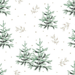 Obraz premium Christmas seamless pattern, fir trees, twigs, stars, white background. Vector illustration. Nature design. Season greeting. Winter xmas holidays