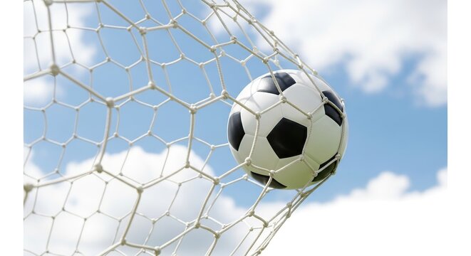 Soccer ball in goal net against blue sky, moment of scoring