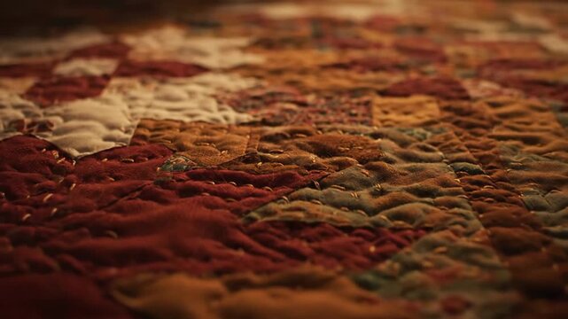 Close up of a detailed vintage style patchwork quilt pattern.