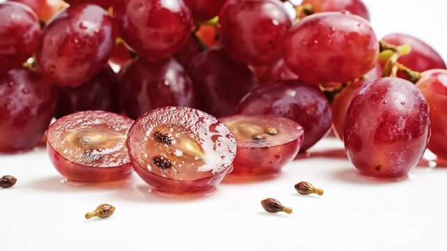 Close up of fresh red grapes with one cut in half showing seeds and juicy interior.