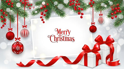 Christmas tree branches, red berries, decorative balls, and gift boxes on a blank business card template with &ldquo;Merry Christmas&rdquo; written on it.