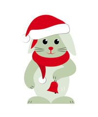 bunny with cap and scarf ringing bell isolated on white background