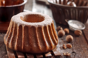 Potica - traditional Slovenian bread cake. Sweet bread roll stuffed with walnuts and sprinkle with sugar