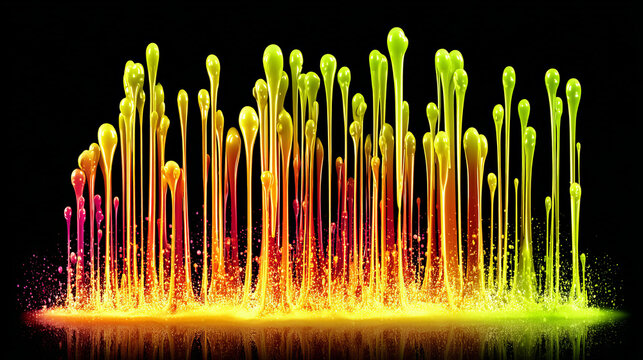 An energetic abstract background with bold splashes and drips of neon green yellow red paint on a dark black background, evoking raw energy of street art graffiti, perfect for modern expressive design