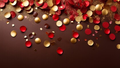 Red And Gold Confetti On Dark Chocolate Brown Background