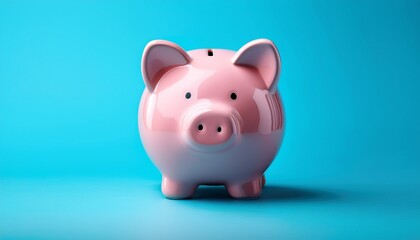 Pink Piggy Bank Positioned Centrally On A Light Blue Background Ample Negative Space Around It Ideal For Banners And Advertisements