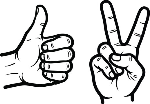 Two hands displaying a thumbs up and peace sign in black and white