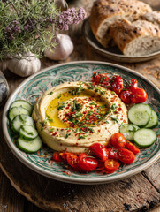 Hummus with Fresh Vegetables on a Plate &ndash; Rustic Wooden Table