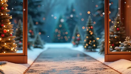 Wooden window frame with decorated christmas tree in snow-covered landscape during falling snowflakes. Festive winter scene for holiday season. zoom in - Powered by Adobe