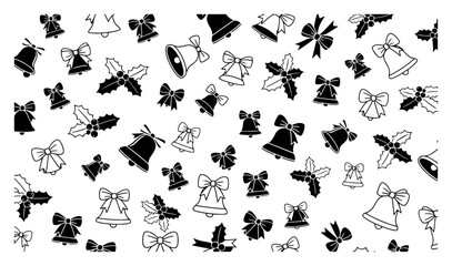 Christmas Bell Holly and Bow Silhouette Seamless Vector Pattern Background Isolated on White