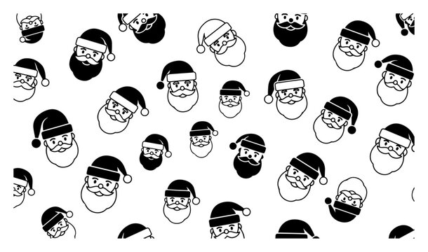 Christmas seamless pattern background featuring scattered Santa Claus heads in silhouette and outline style