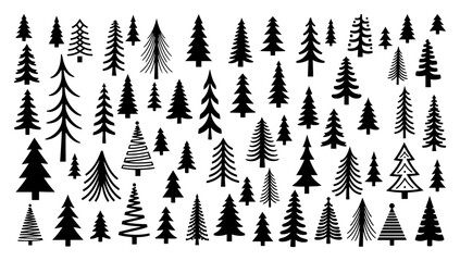 Fototapeta premium Christmas pine tree forest silhouette vector pattern collection black and white winter nature fir trees background