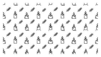 Christmas seamless pattern with burning candles and pine branches black and white vector background for advent or holiday design