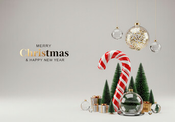 A Christmas scene featuring gold and silver gifts, sugar cane, and pine trees on a simple background.