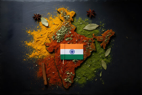 india map made with colorful spices and tricolor flag for independence day