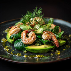 Green Salad with Avocado, Spinach, and Shrimp &ndash; Close-Up on Dark Background for Menu