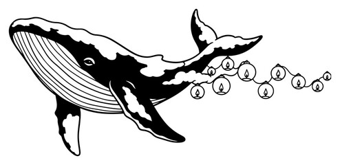Humpback Whale with Christmas Lights Silhouette Vector Illustration Isolated on White