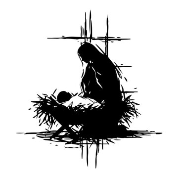 Virgin Mary and Baby Jesus Nativity Silhouette Sketch with Cross Vector Illustration Isolated on White