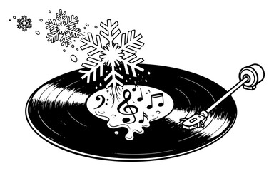 Vinyl record player playing Christmas music with snowflakes and notes black and white vector illustration of holiday melody and sound