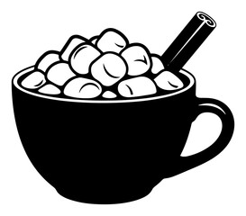 Cup of hot chocolate or cocoa filled with marshmallows and cinnamon stick vector illustration for cozy winter beverage menu