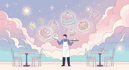 A dreamy dessert shop ambiance filled with floating cakes and a dedicated server