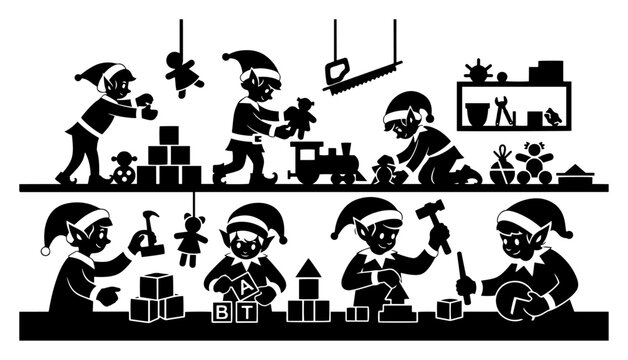 Christmas elves working in Santa workshop making toys vector illustration black and white holiday factory scene
