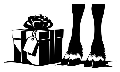 Reindeer hooves standing next to a wrapped Christmas gift box black and white vector illustration of holiday delivery © Camel