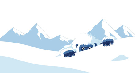 Cartoon yeti peeking over snowy hill with mountain backdrop in winter illustration