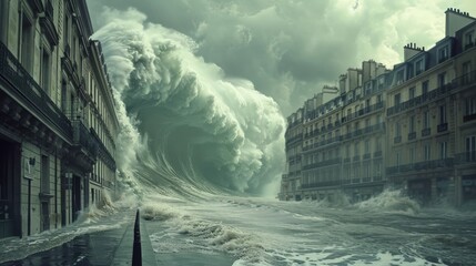 A colossal wave rises ominously over a desolate urban landscape, merging the power of nature with the architecture of a city, evoking both beauty and fear.
