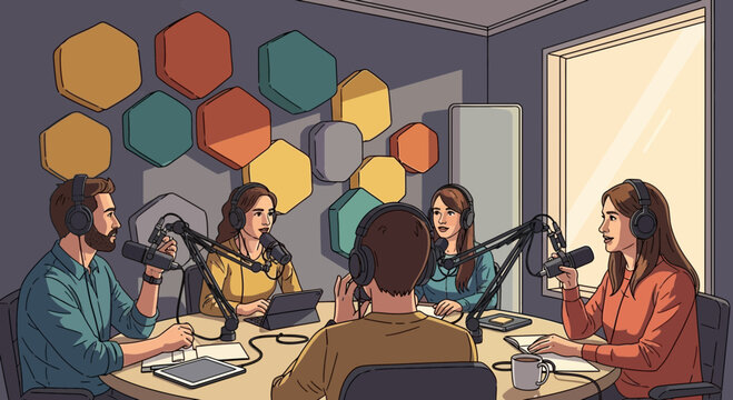 Cartoon illustration of podcast recording session with diverse participants in a studio