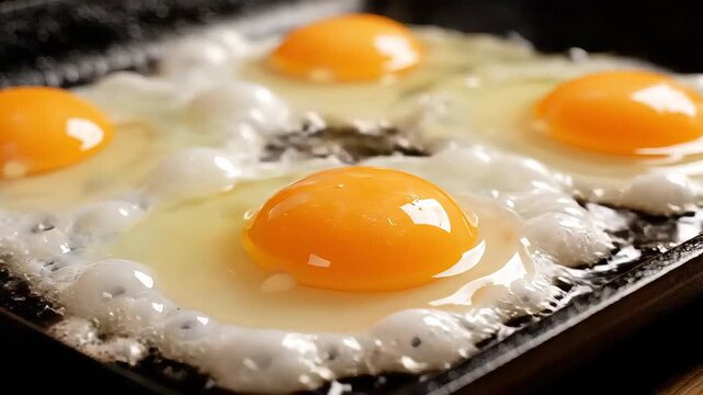 Sunny Side Up Eggs Cooking on a Griddle for Breakfast.