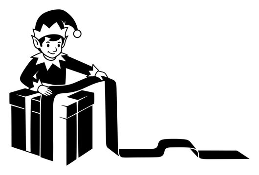 Christmas elf wrapping large gift box with ribbon vector illustration black and white holiday present preparation