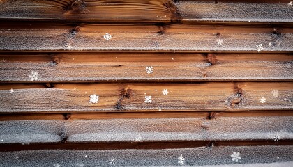 Wooden Wall Covered With Snowflakes Close Up Winter Background Brown Textured Plank Create A Warm Rustic Style Natural Finishing Material Details Of House Exterior Difficult Conditions Of Use